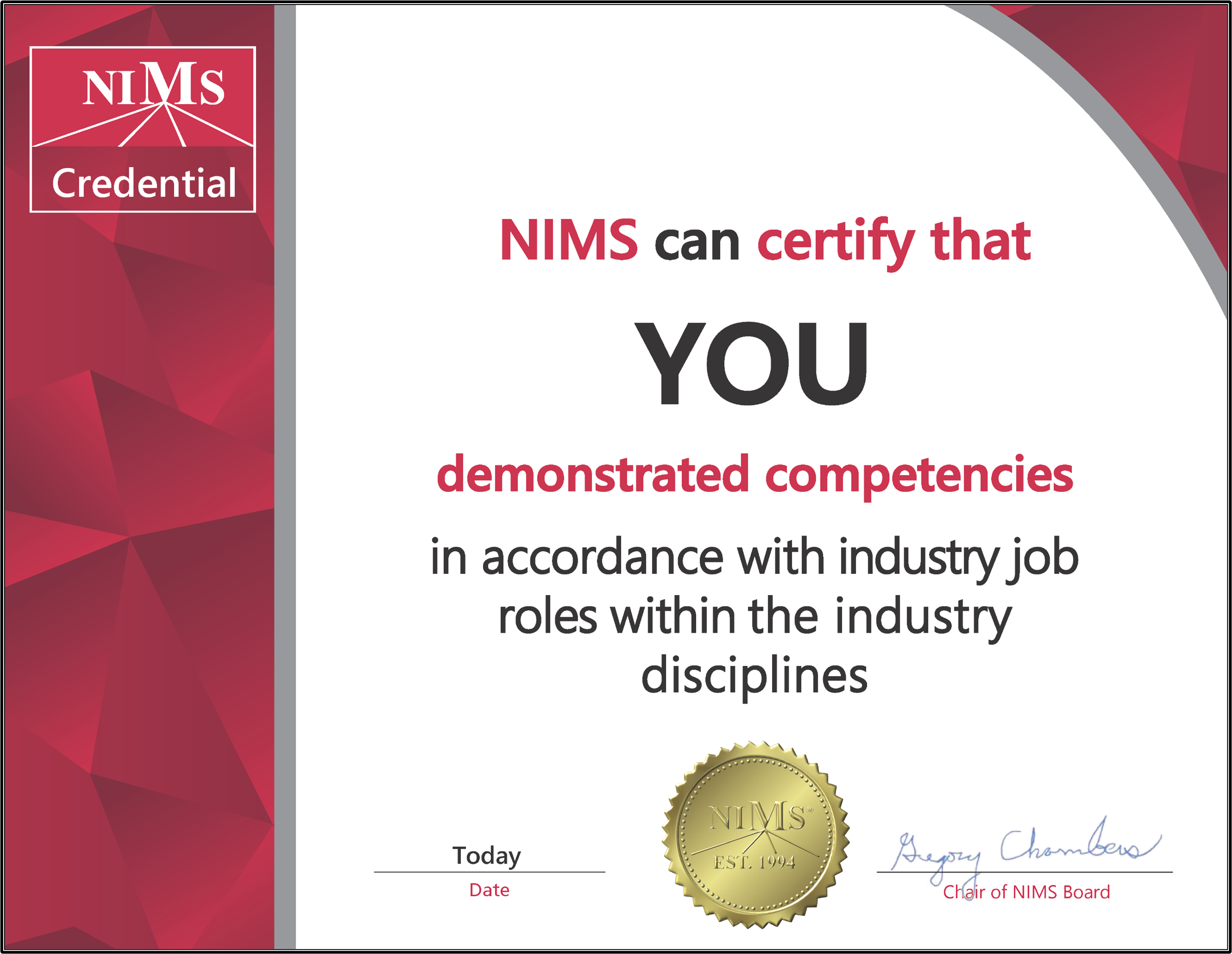 NIMS sample credentialing certificate